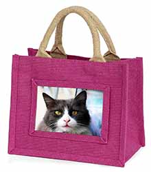 Pretty Black and White Cat Little Girls Small Pink Jute Shopping Bag