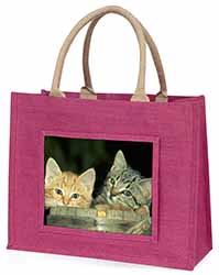 Kittens in Beer Barrel Large Pink Jute Shopping Bag