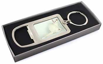 White American Wire Hair Cat Chrome Metal Bottle Opener Keyring in Box