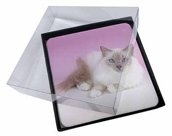 4x Lilac Birman Cat Picture Table Coasters Set in Gift Box