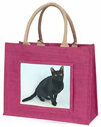 Black Bombay Cat Large Pink Jute Shopping Bag