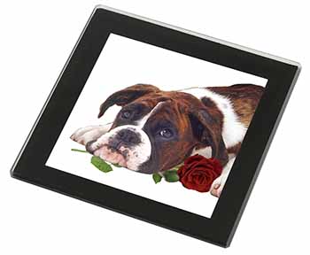 Boxer Dog with Red Rose Black Rim High Quality Glass Coaster