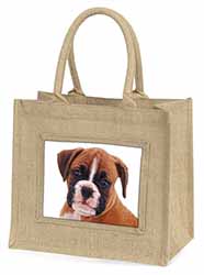 Red and White Boxer Puppy Natural/Beige Jute Large Shopping Bag