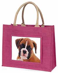 Red and White Boxer Puppy Large Pink Jute Shopping Bag