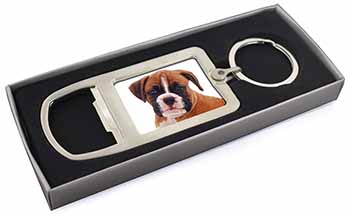 Red and White Boxer Puppy Chrome Metal Bottle Opener Keyring in Box