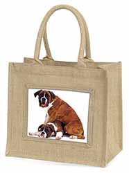 Boxer Dog with Puppy Natural/Beige Jute Large Shopping Bag