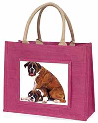 Boxer Dog with Puppy Large Pink Jute Shopping Bag