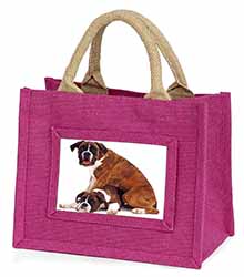 Boxer Dog with Puppy Little Girls Small Pink Jute Shopping Bag