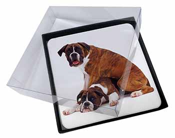 4x Boxer Dog with Puppy Picture Table Coasters Set in Gift Box