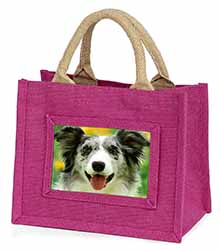 Blue Merle Border Collie Little Girls Small Pink Jute Shopping Bag