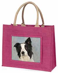 Border Collie Dog Large Pink Jute Shopping Bag