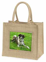 Liver and white Border Collie Dog Natural/Beige Jute Large Shopping Bag