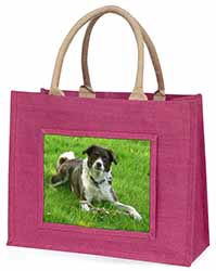 Liver and white Border Collie Dog Large Pink Jute Shopping Bag