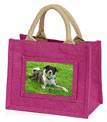 Liver and white Border Collie Dog Little Girls Small Pink Jute Shopping Bag