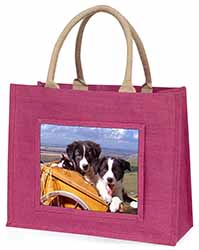 Border Collie Puppies Large Pink Jute Shopping Bag