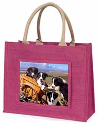 Border Collie Large Pink Jute Shopping Bag