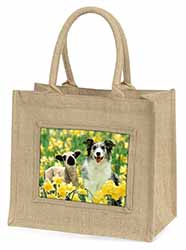 Border Collie Dog and Lamb Natural/Beige Jute Large Shopping Bag