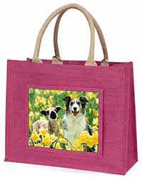 Border Collie Dog and Lamb Large Pink Jute Shopping Bag