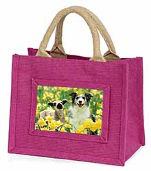 Border Collie Dog and Lamb Little Girls Small Pink Jute Shopping Bag