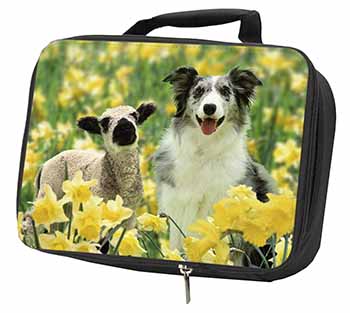 Border Collie Dog and Lamb Black Insulated School Lunch Box/Picnic Bag