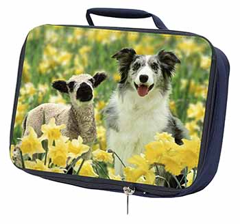 Border Collie Dog and Lamb Navy Insulated School Lunch Box/Picnic Bag