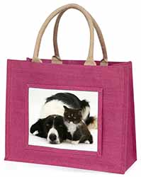 Border Collie and Kitten Large Pink Jute Shopping Bag