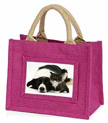 Border Collie and Kitten Little Girls Small Pink Jute Shopping Bag