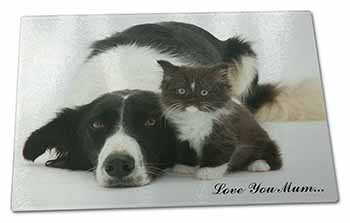 Large Glass Cutting Chopping Board Border Collie+Kitten 