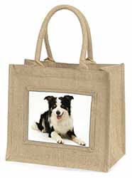 Tri-Colour Border Collie Dog Natural/Beige Jute Large Shopping Bag