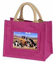 Border Collie in Wheelbarrow Little Girls Small Pink Jute Shopping Bag