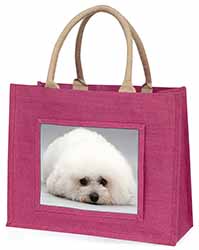 Bichon Frise Dog Large Pink Jute Shopping Bag