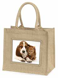 Basset Hound Dog and Cat Natural/Beige Jute Large Shopping Bag