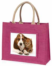 Basset Hound Dog and Cat Large Pink Jute Shopping Bag