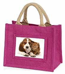 Basset Hound Dog and Cat Little Girls Small Pink Jute Shopping Bag