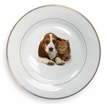 Basset Hound Dog and Cat Gold Rim Plate Printed Full Colour in Gift Box