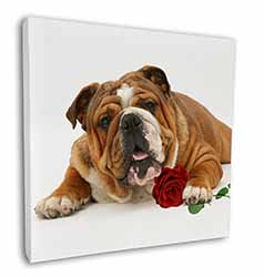 Red Bulldog with Red Rose Square Canvas 12"x12" Wall Art Picture Print