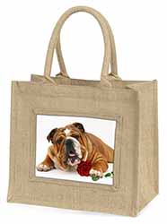 Red Bulldog with Red Rose Natural/Beige Jute Large Shopping Bag