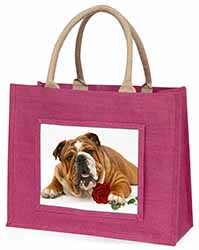 Red Bulldog with Red Rose Large Pink Jute Shopping Bag