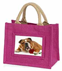 Red Bulldog with Red Rose Little Girls Small Pink Jute Shopping Bag