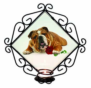 Red Bulldog with Red Rose Wrought Iron Wall Art Candle Holder