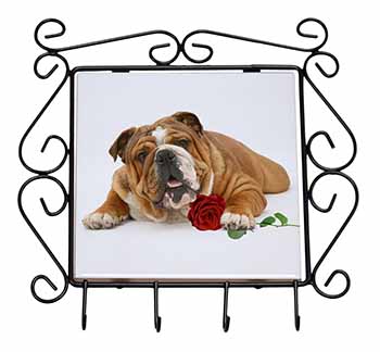 Red Bulldog with Red Rose Wrought Iron Key Holder Hooks