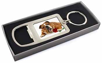 Red Bulldog with Red Rose Chrome Metal Bottle Opener Keyring in Box