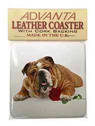 Red Bulldog with Red Rose Single Leather Photo Coaster