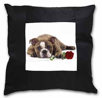 Bulldog with Red Rose Black Satin Feel Scatter Cushion