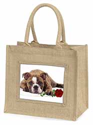 Bulldog with Red Rose Natural/Beige Jute Large Shopping Bag