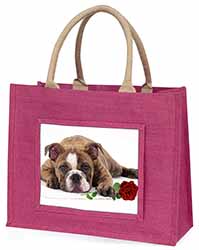 Bulldog with Red Rose Large Pink Jute Shopping Bag