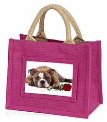 Bulldog with Red Rose Little Girls Small Pink Jute Shopping Bag