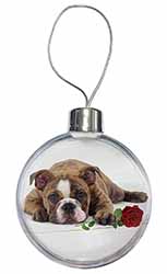 Bulldog with Red Rose Christmas Bauble