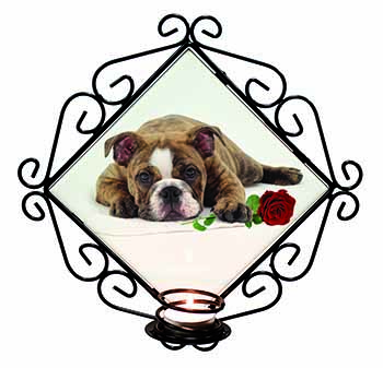 Bulldog with Red Rose Wrought Iron Wall Art Candle Holder