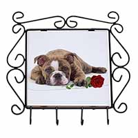 Bulldog with Red Rose Wrought Iron Key Holder Hooks